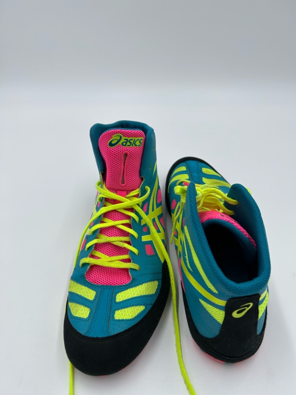 Asics JB Elite Wrestling J3A1Y Shoes Teal Neon Yellow Pink Accents 11 Preowned - Picture 5 of 8